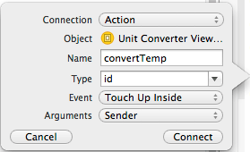 Configuring an Action connection in Xcode 5