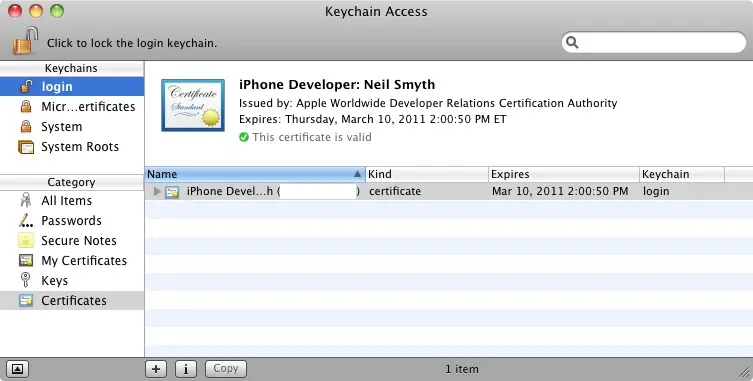 Keychain Access Tool certificate installed