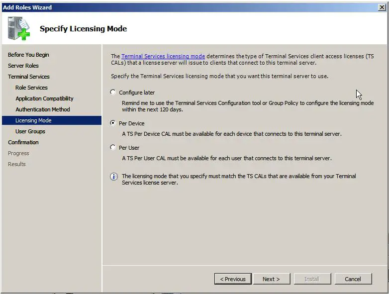 Selecting an initial license mode for Windows Server 2008 Terminal Services