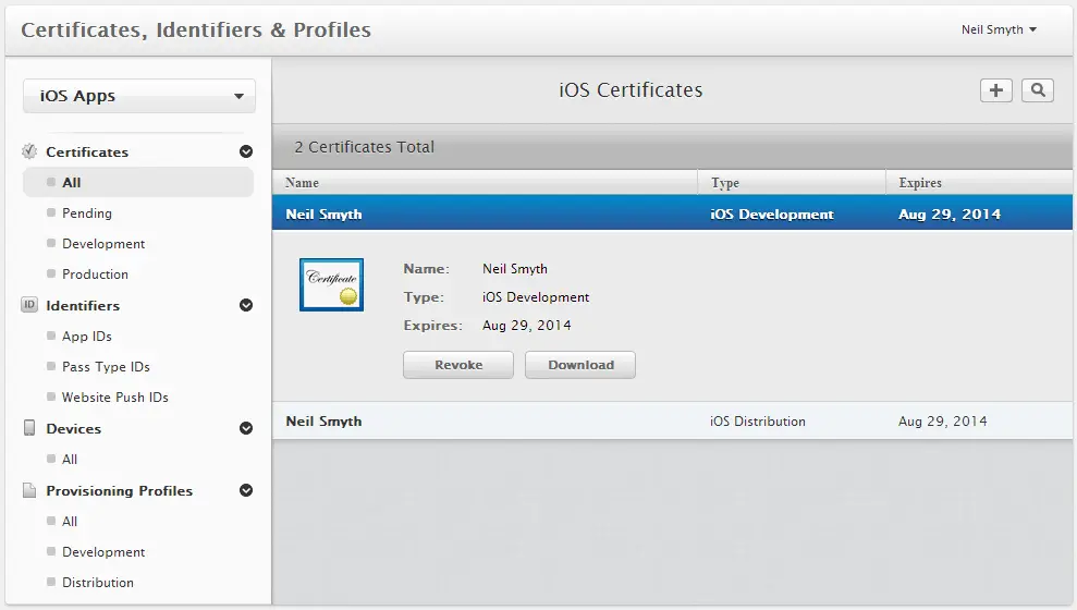 Viewing certificates in the Apple Developer Member Center