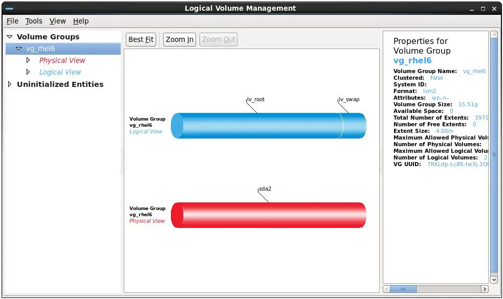RHEL 6 system-config-lvm Logical Volume Management tool running