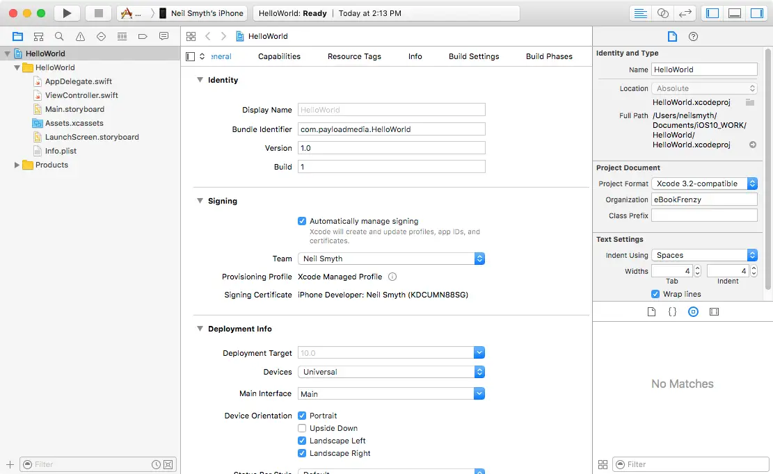 The Xcode main screen