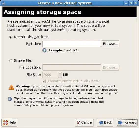 Assigning Storage Space for a Xen Guest System