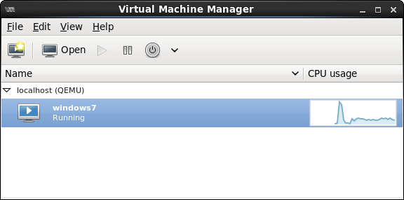 A virtual machine listed as running in the virt-manager console
