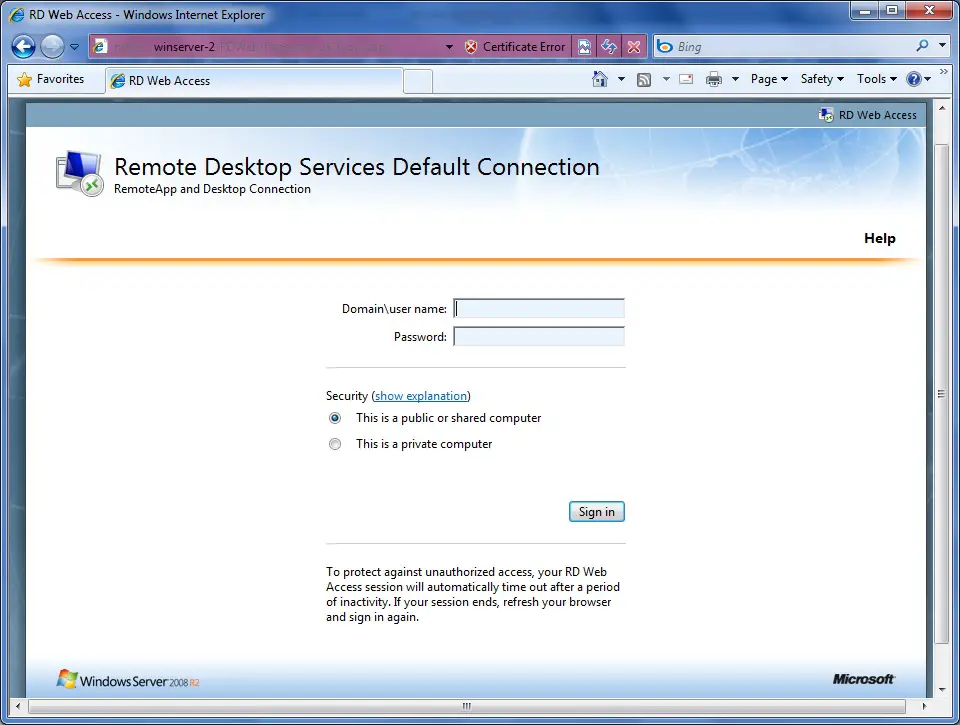 The Windows Server 2008 R2 RD Web Access login screen