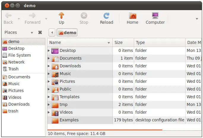 The Ubunut 11.04 Unity file manager configured to display info in list format