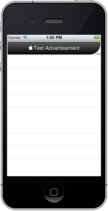 An iOS 4 iPhone app running with an iAds banner diaplayed in portrait