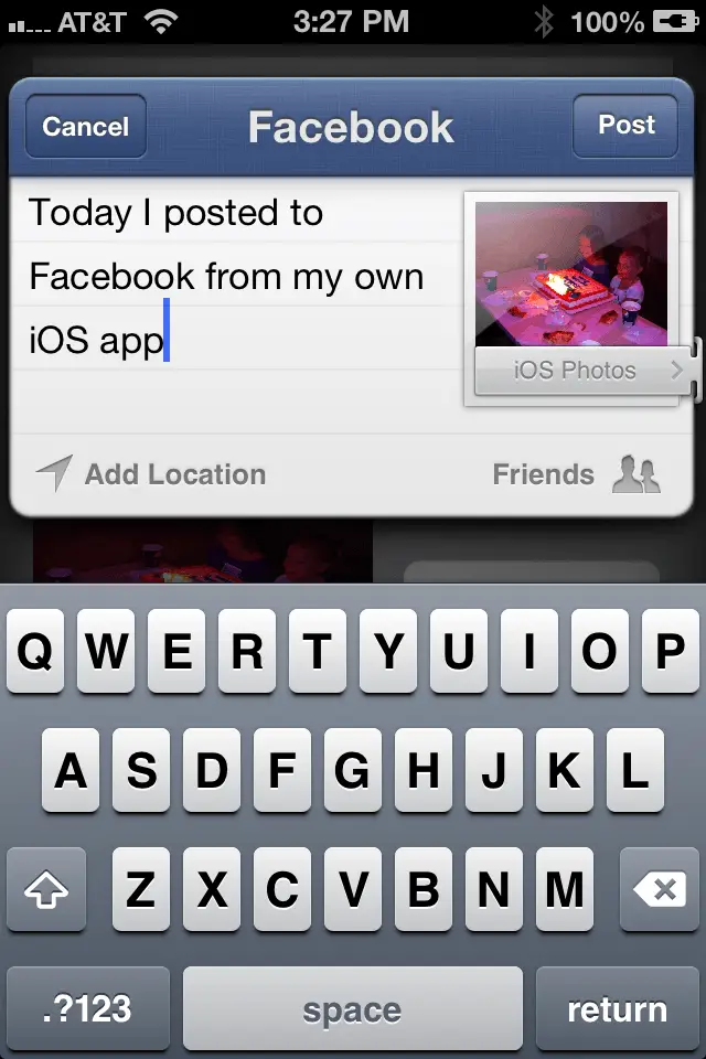 Previewing an iPhone iOS 6 Facebook posting