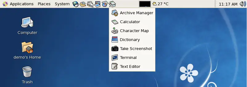 The CentOS GNOME Accessories menu added as a menu to the top panel