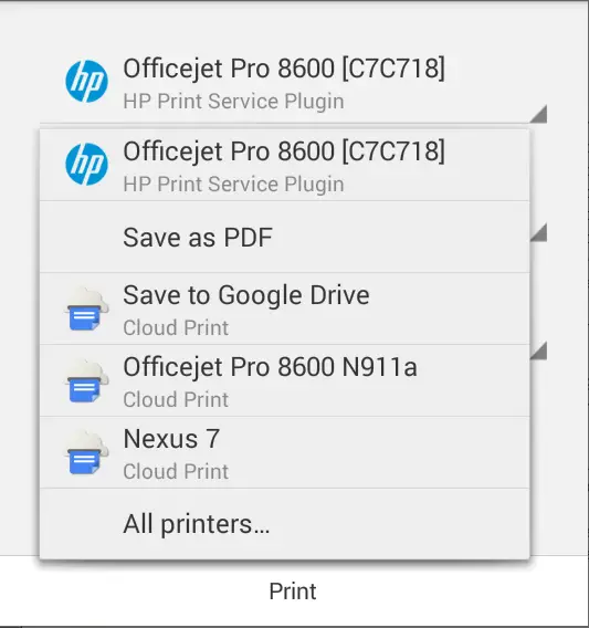 The Android Printing Panel listing destinations