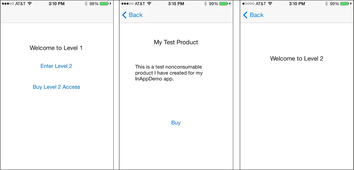The scenes for an iOS 7 In App  Purchase tutorial example
