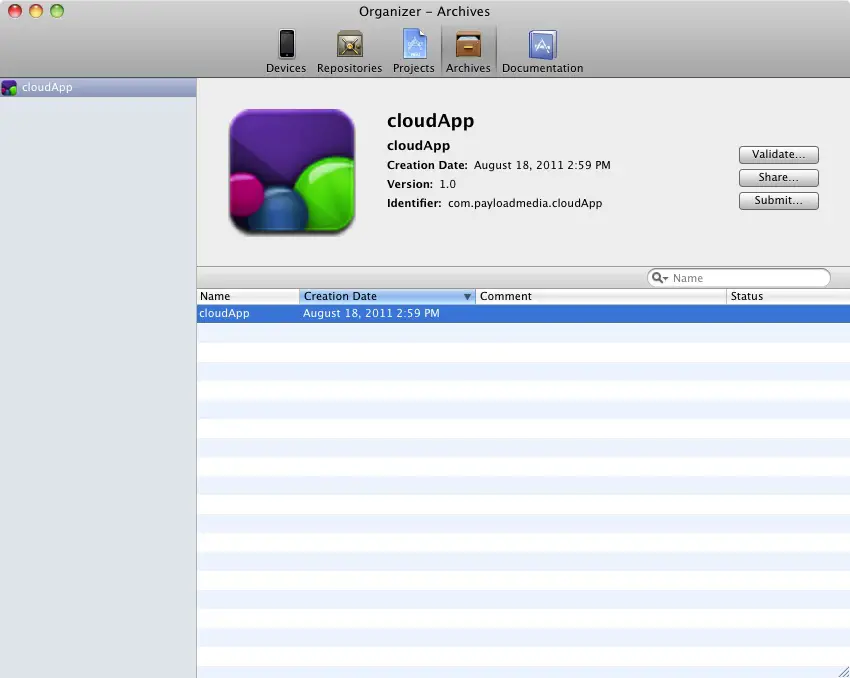 An iPhone iOS 5 application archive listed in the Xcode Organizer window