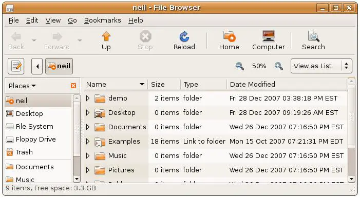 The Ubuntu File Manager showing folders in list format