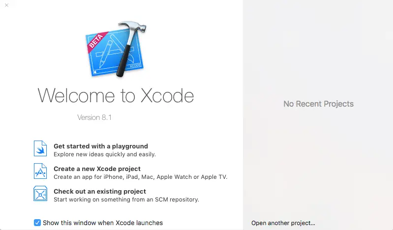 The Xcode welcome screen
