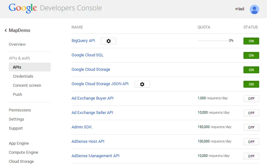 The API settings screen in the Google Console