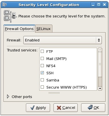 The CentOS Security Level Configuration tool
