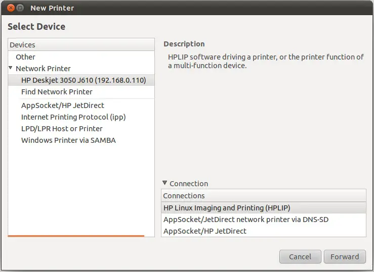 A network printer detected on Ubuntu 11.04