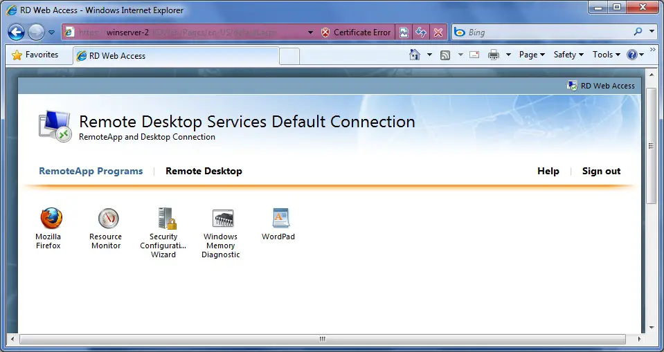 The Windows Server 2008 R2 RD Web Access RemoteApps screen