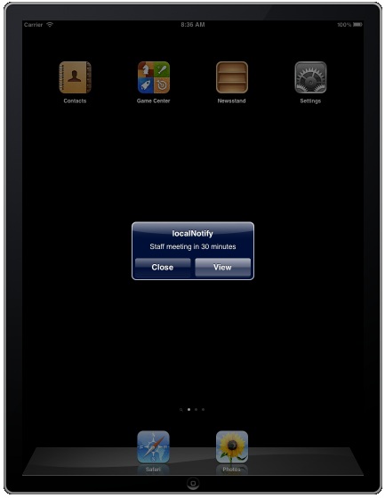 An iPad iOS 5 local notification example app running