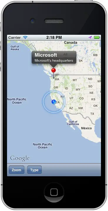 An iPhone iOS 5 MKMapKit application running with annotations