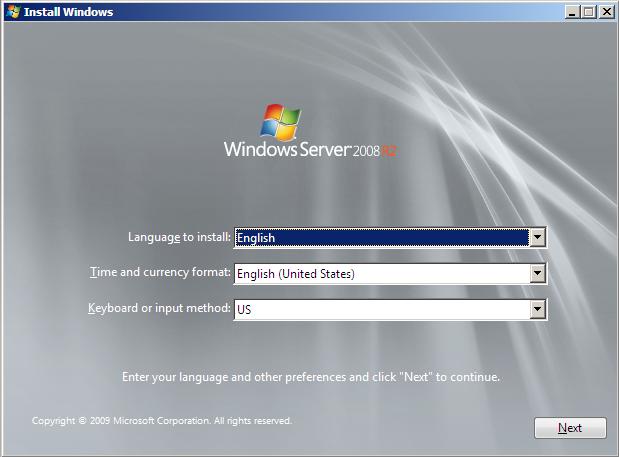 The initial Windows Server 2008 R2 Installation Screen