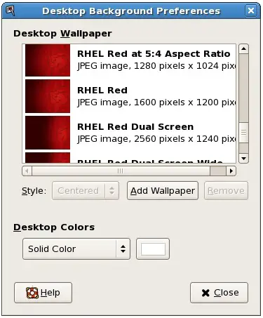 The RHEL 5 desktop background preferences dialog