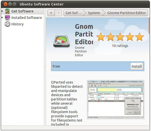 Installing GParted on Ubuntu 11.04 using the software center tool
