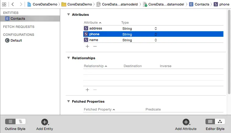 Adding entity attributes to the core data database