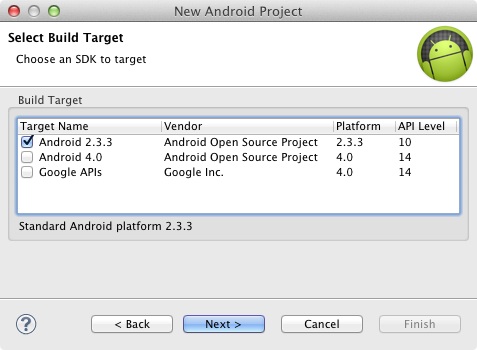 Selecting a target Android SDK for a new Kindle Fire app project