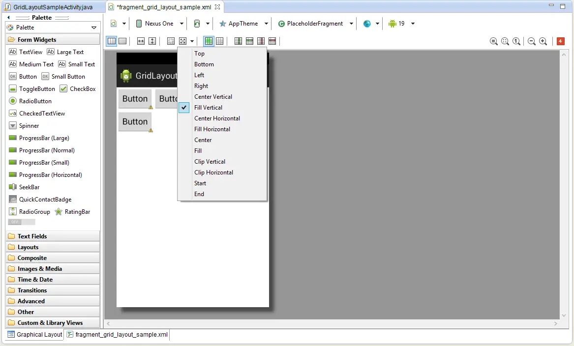 The Eclipse Android layout editor Gravity menu