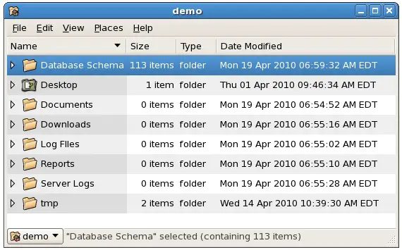 The CentOS File Manager in List mode