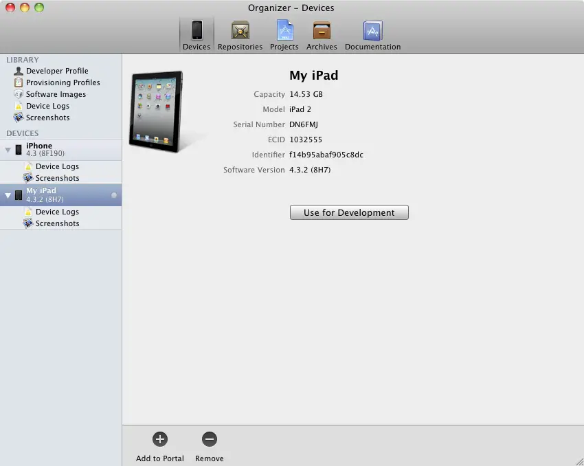 Xcode Organizer Window showing iOS 6 iPad device