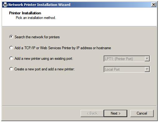 The Windows Server 2008 R2 Network Printer Wizard