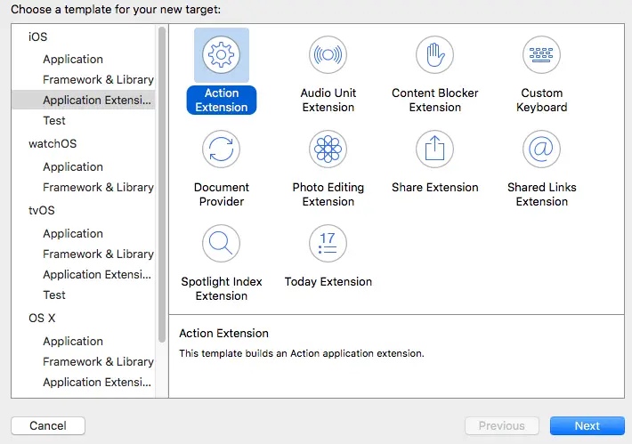 Xcode 7.1 add action extension.png