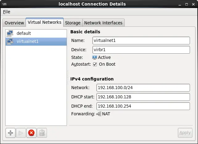 Reviewing the settings of a new KVM virtual network