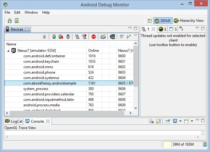 The Android Studio Debug Monitor window