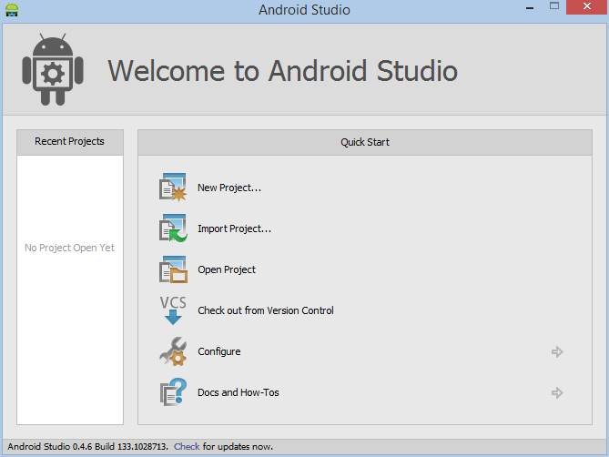 The Android Studio Welcome Screen