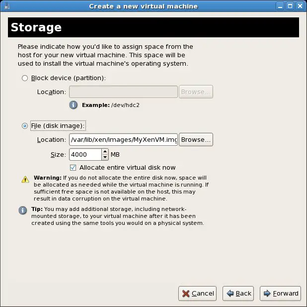 Assigning storage space for a Xen based virtual machine on CentOS