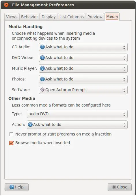 Configuring Ubuntu 11.04 Unity File Manager media settings