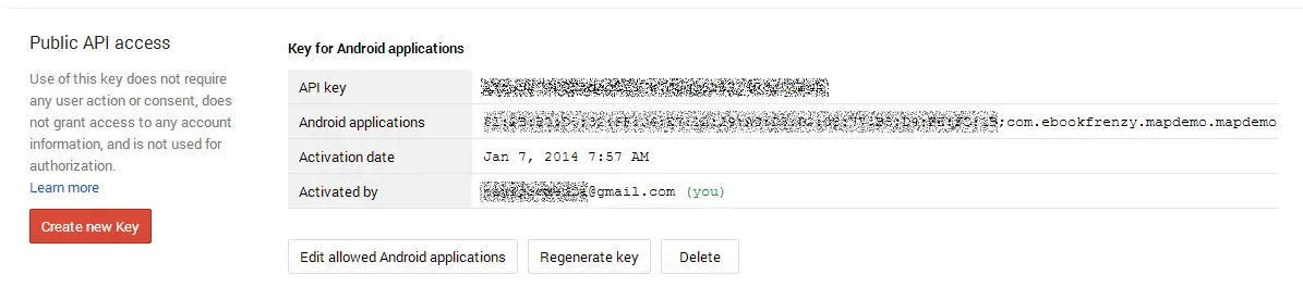 Google Console key for Android application