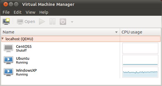 The virtual machine manager listing VMs on Ubuntu