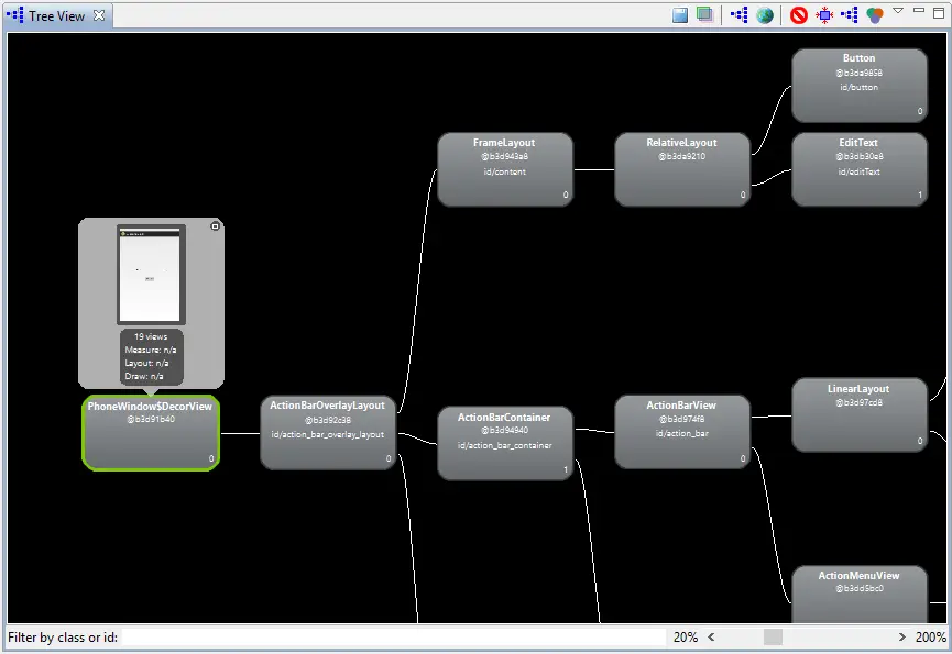 The Android Studio Hierarchy Viewer Tree View panel