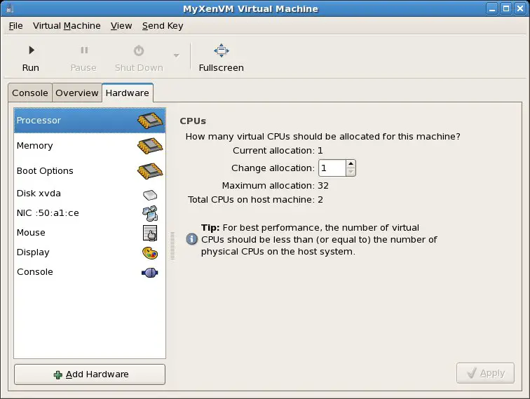 CPU configuration settings for a Xen VM on RHEL 5