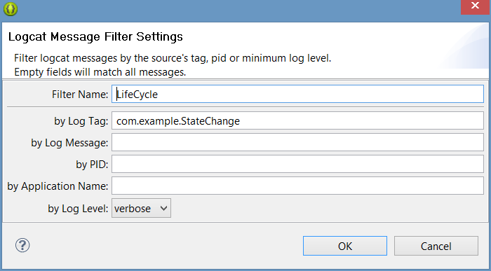 The Eclipse LogCat panel for the Android state change example app