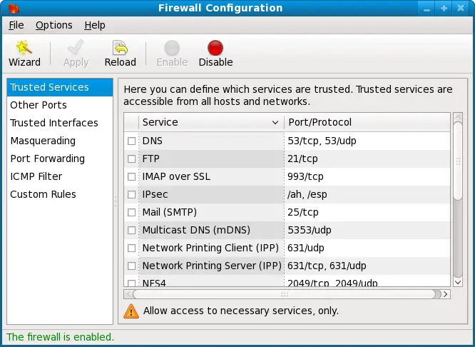 The Fedora Firewall Configuration tool