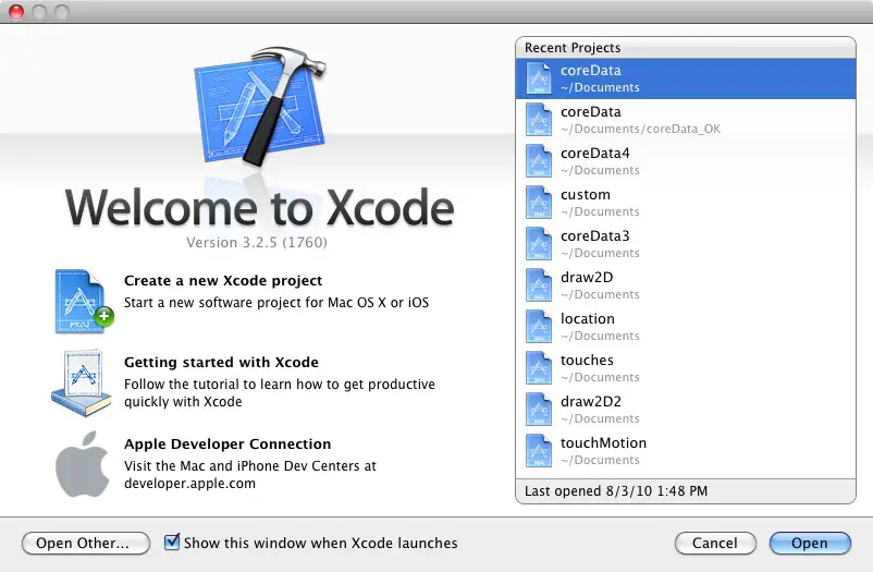 The Xcode Welcome Screen