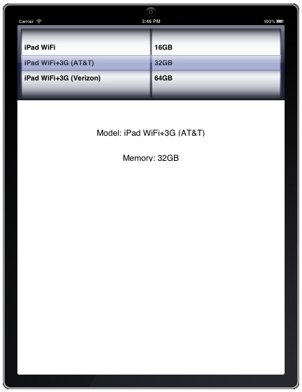 The example iPad iOS 5 UIPickerView app running