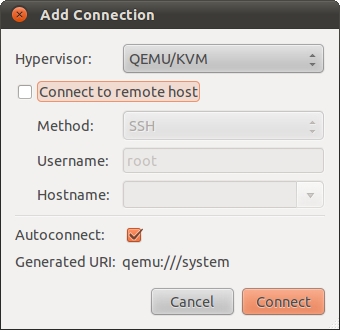 The Ubuntu 11.04 KVM virt-manager Add Connection dialog