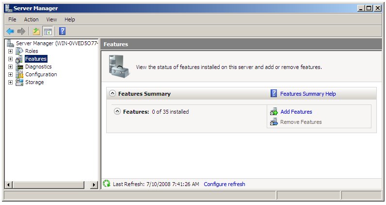 The Windows Server 2008 R2 Server Manager Features Screen