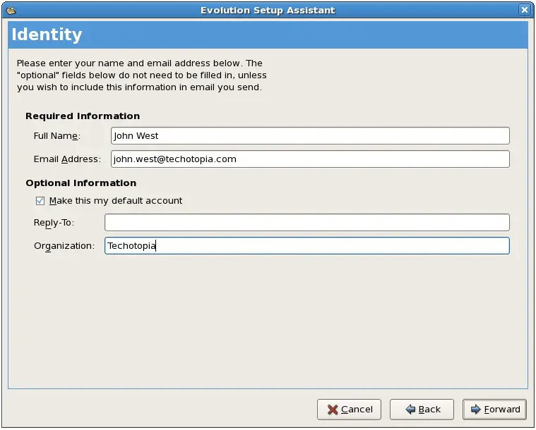 The CentOS Evolution Email Identity screen